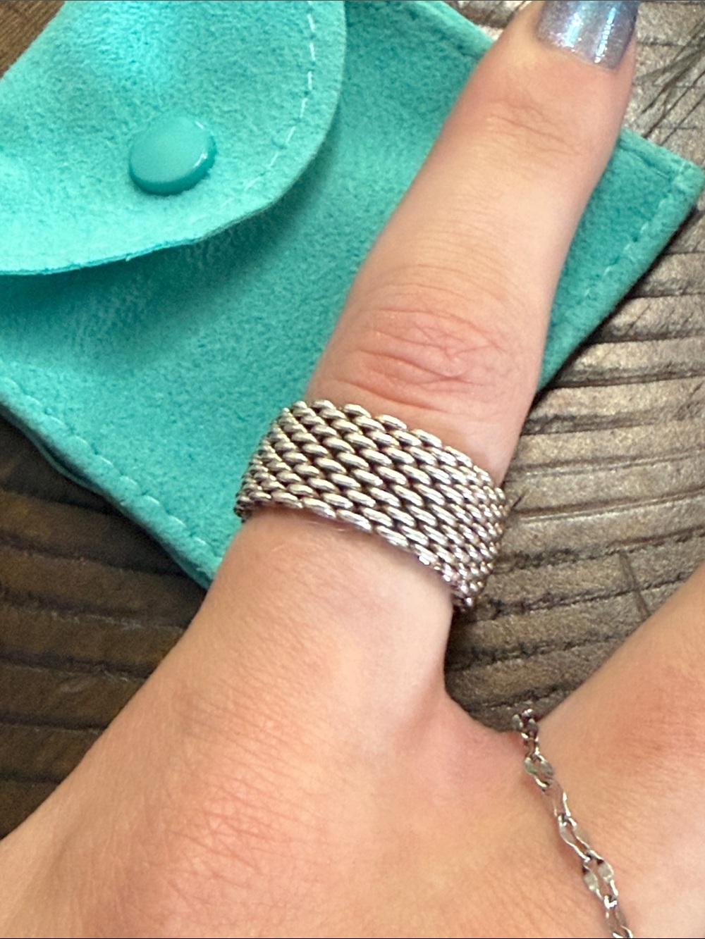 Tiffany & Co. Sterling Silver Wide Mesh Band Ring on Signature Blue Pouch - Picture 2 of 3